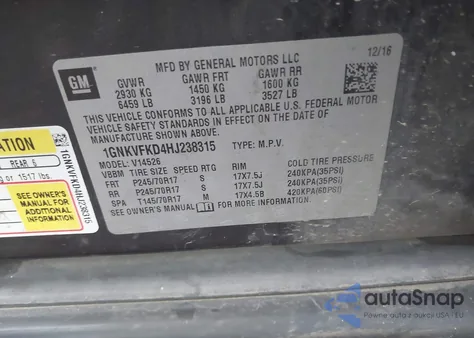 2017 Chevrolet Traverse Ls z USA, uszkodzony, nr VIN 1GNKVFKD4HJ238315